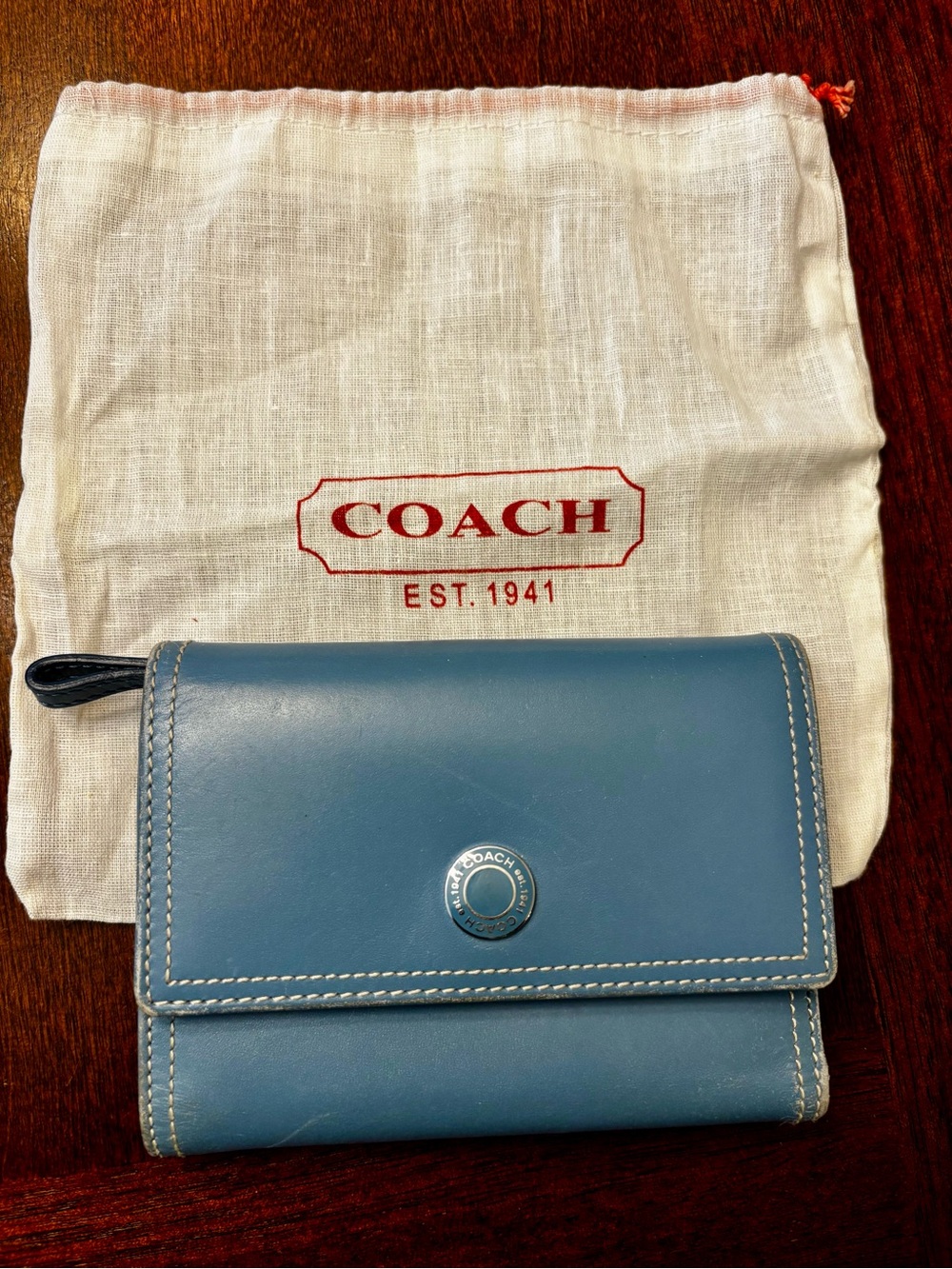 Coach Blue Leather Trifold Wallet with White Contrast Stitching